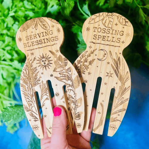 "Tossing Spells & Serving Blessings" - Engraved Bamboo Salad Serving Set.
