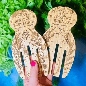 "Tossing Spells & Serving Blessings" - Engraved and Eco-Friendly Bamboo Salad & Pasta Serving Set.