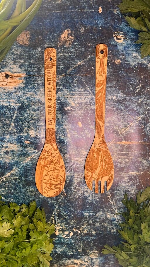 "Eat Your Greens, Witch" Engraved Bamboo Salad Server Set