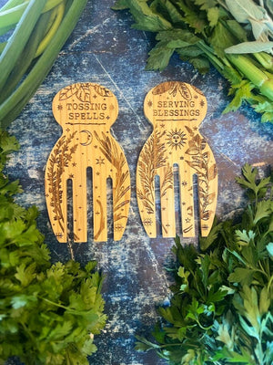 "Tossing Spells & Serving Blessings" - Engraved and Eco-Friendly Bamboo Salad & Pasta Serving Set.