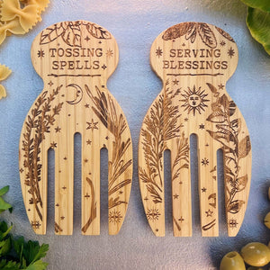 "Tossing Spells & Serving Blessings" - Engraved Bamboo Salad Serving Set.