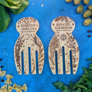 "Tossing Spells & Serving Blessings" - Engraved Bamboo Salad Serving Set.