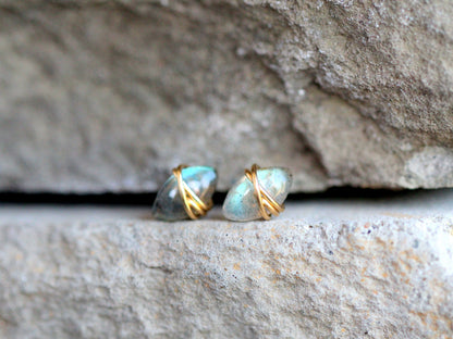 Marquis Labradorite Stud Earrings | Wire Wrapped Gemstone Studs