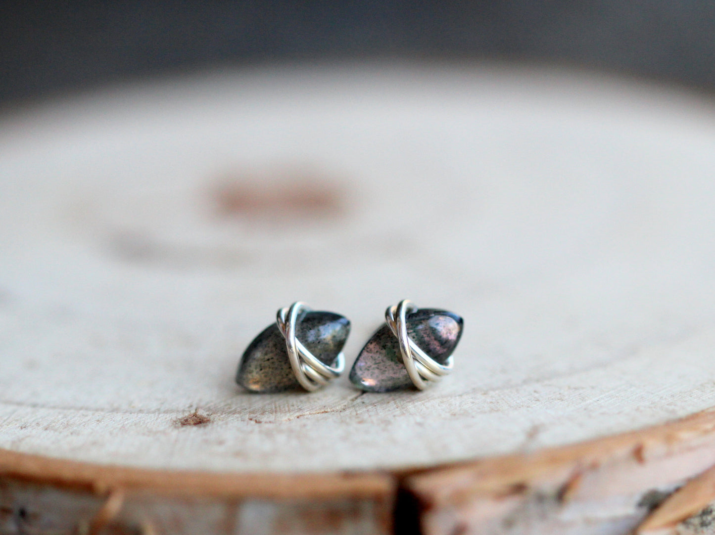 Marquis Labradorite Stud Earrings | Wire Wrapped Gemstone Studs