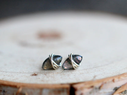 Marquis Labradorite Stud Earrings | Wire Wrapped Gemstone Studs