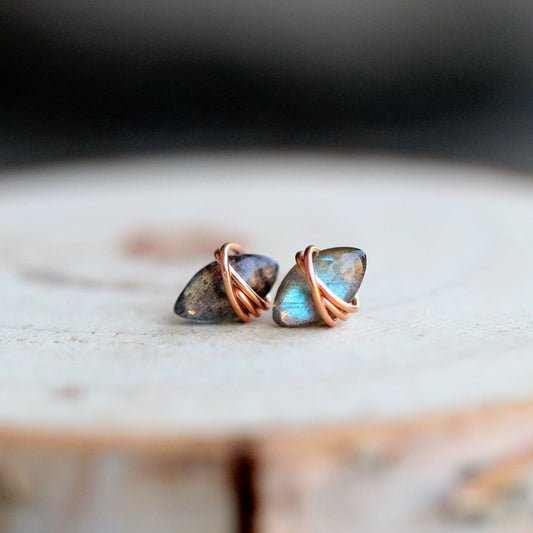 Marquis Labradorite Stud Earrings | Wire Wrapped Gemstone Studs