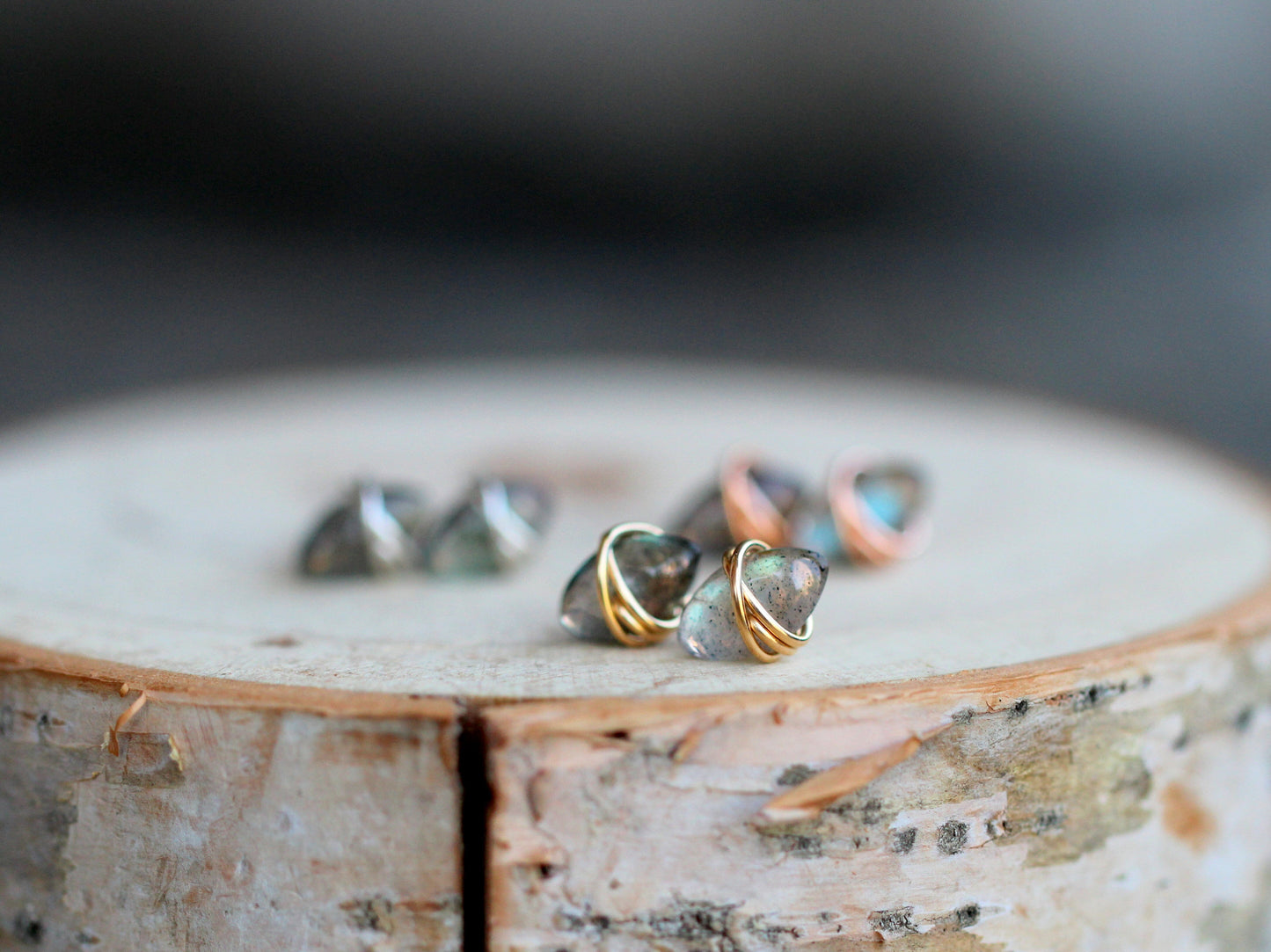 Marquis Labradorite Stud Earrings | Wire Wrapped Gemstone Studs