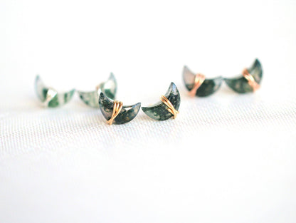 Moonbeam Stud Earrings | Moss Agate Crescent Studs