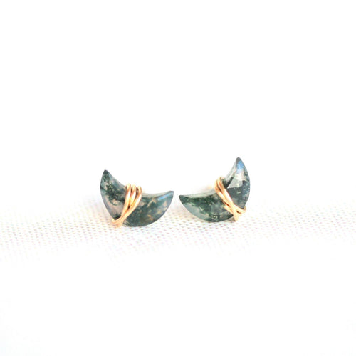 Moonbeam Stud Earrings | Moss Agate Crescent Studs
