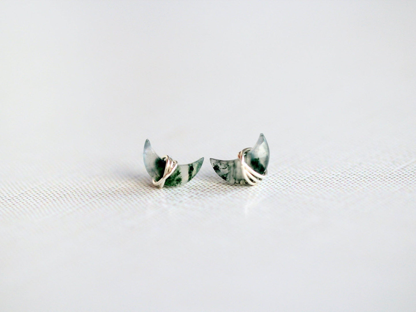 Moonbeam Stud Earrings | Moss Agate Crescent Studs