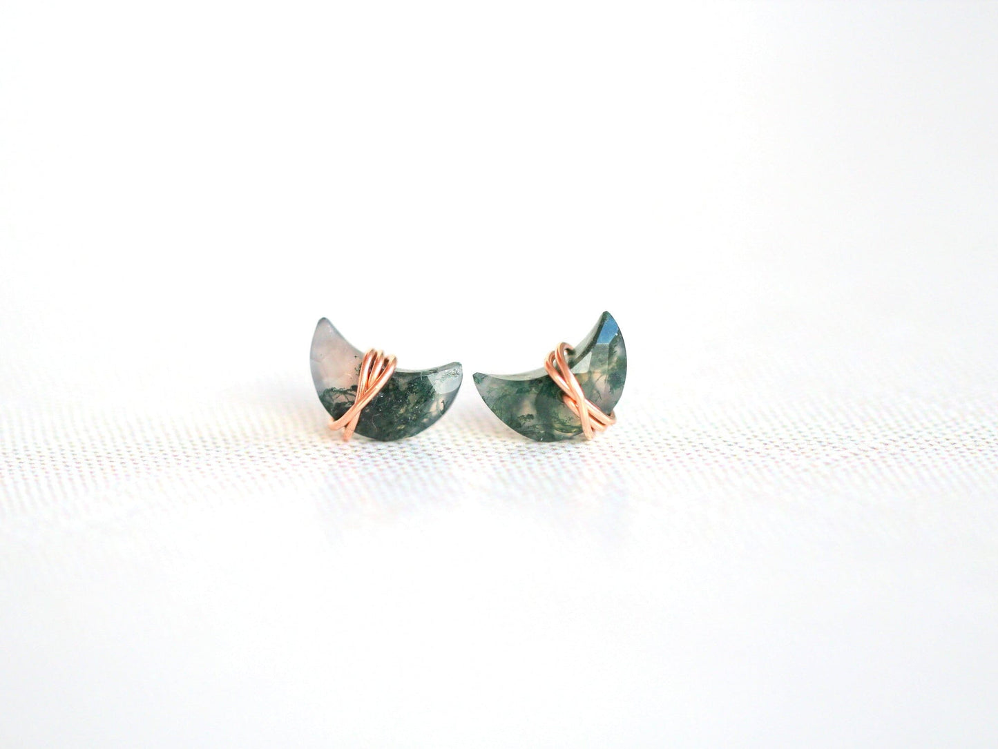 Moonbeam Stud Earrings | Moss Agate Crescent Studs