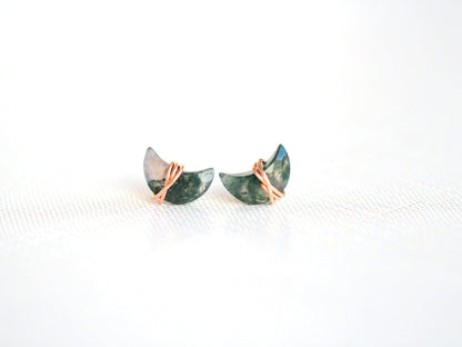 Moonbeam Stud Earrings | Moss Agate Crescent Studs