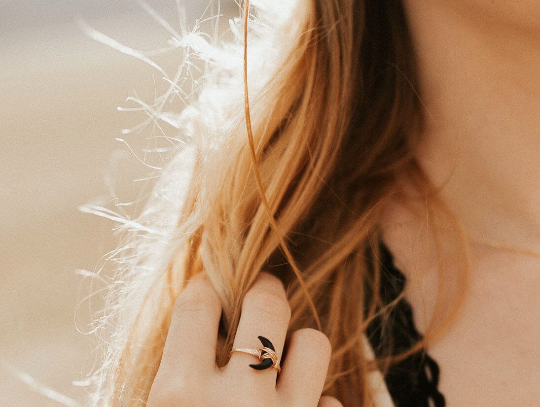 Moonbeam Ring - Black Agate | Crescent Moon Gemstone Ring
