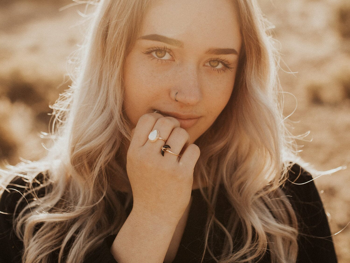 Moonbeam Ring - Black Agate | Crescent Moon Gemstone Ring
