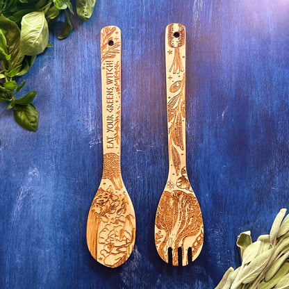 "Eat Your Greens, Witch" Engraved Bamboo Salad Server Set