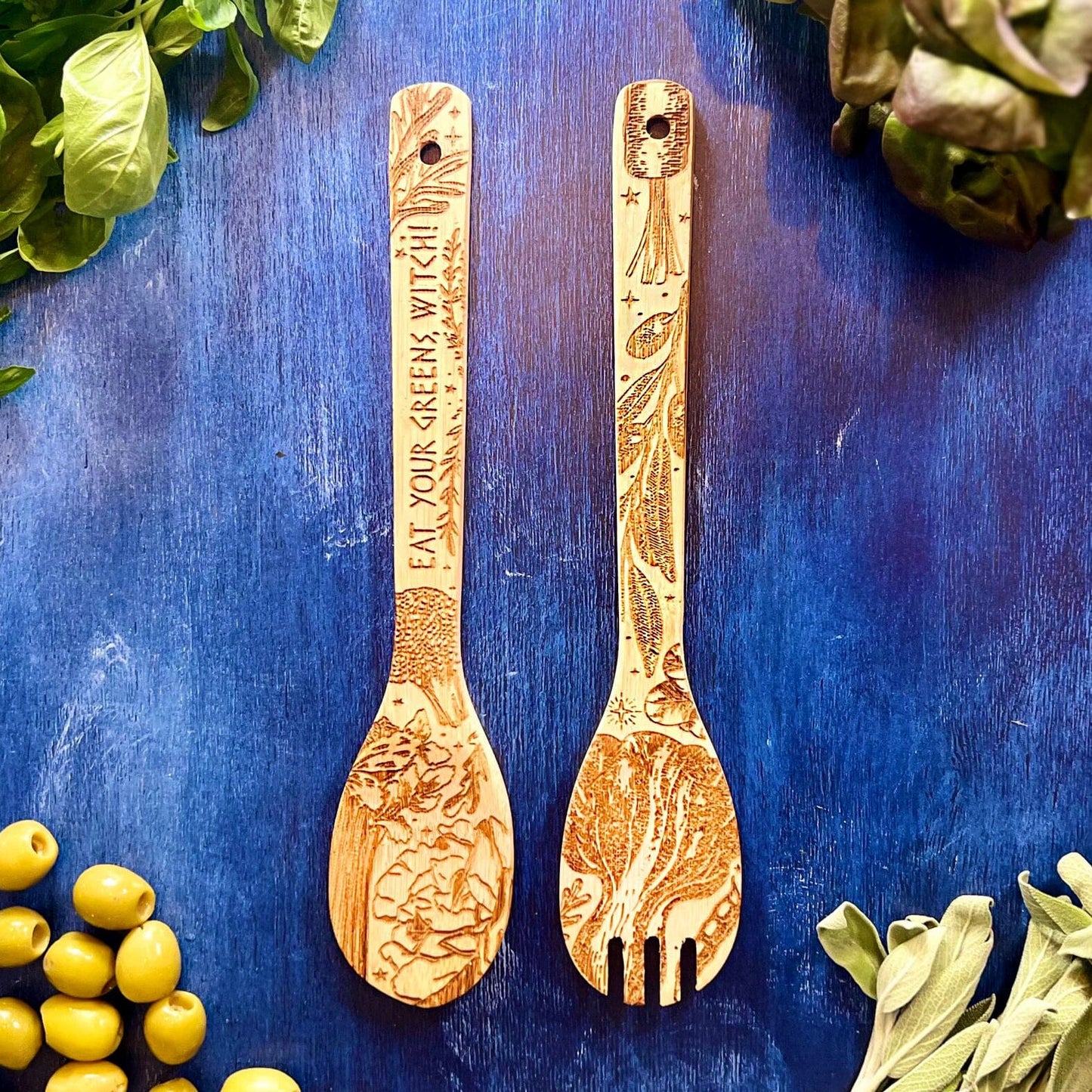 "Eat Your Greens, Witch" Engraved Bamboo Salad Server Set