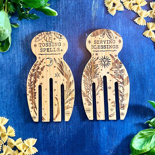 "Tossing Spells & Serving Blessings" - Engraved Bamboo Salad Serving Set.