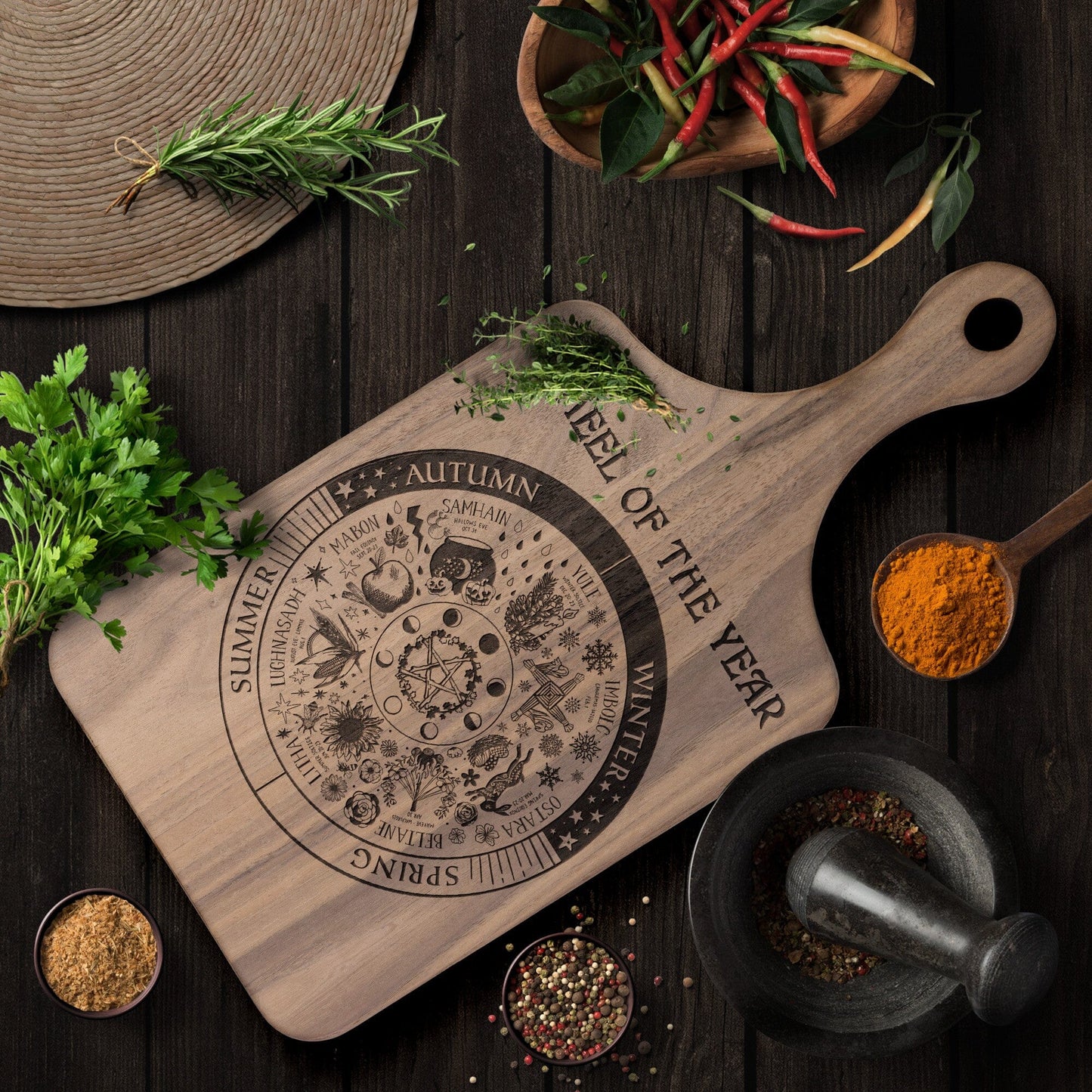 Wheel of the Year Etched Wood Cutting Board with Handle