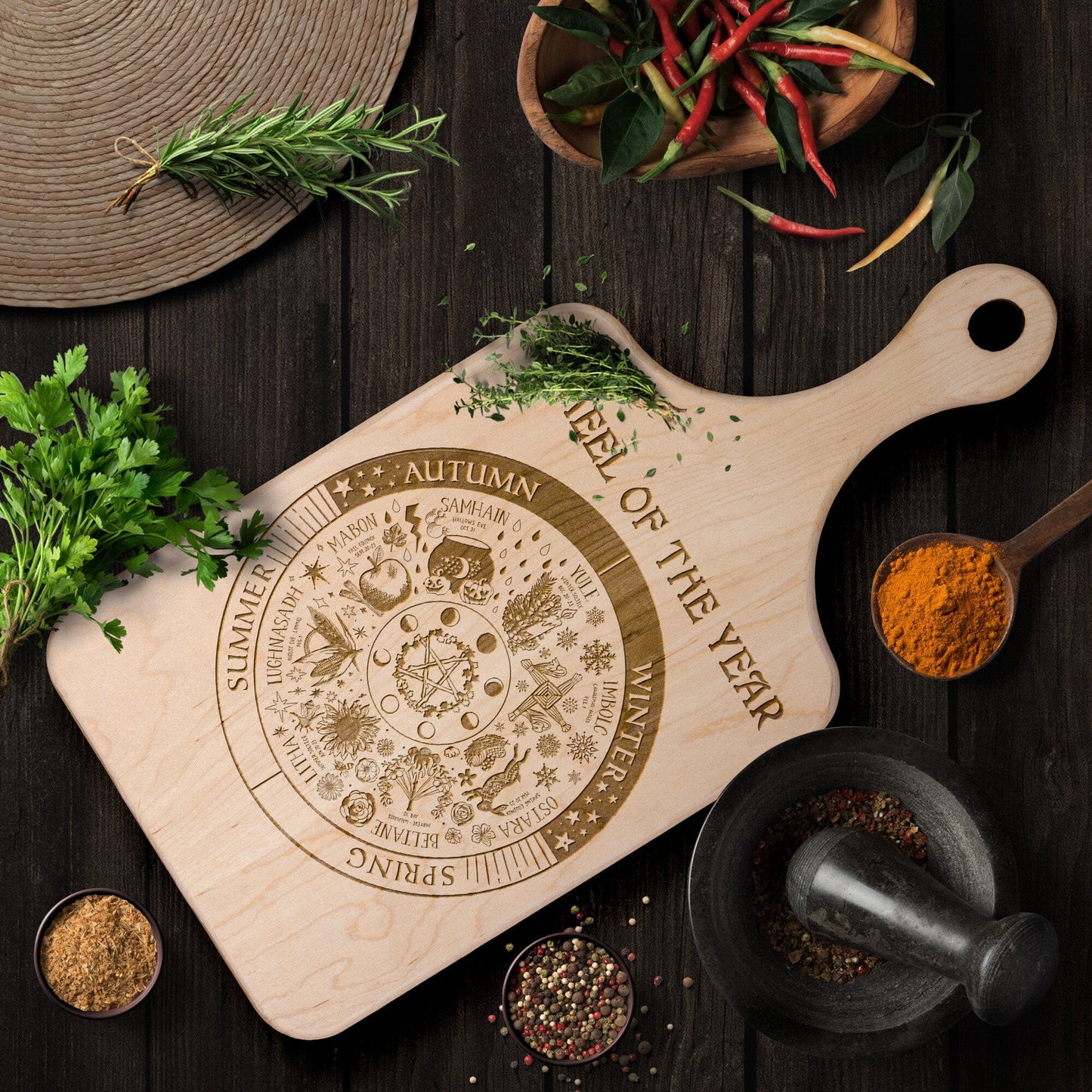 Wheel of the Year Etched Wood Cutting Board with Handle