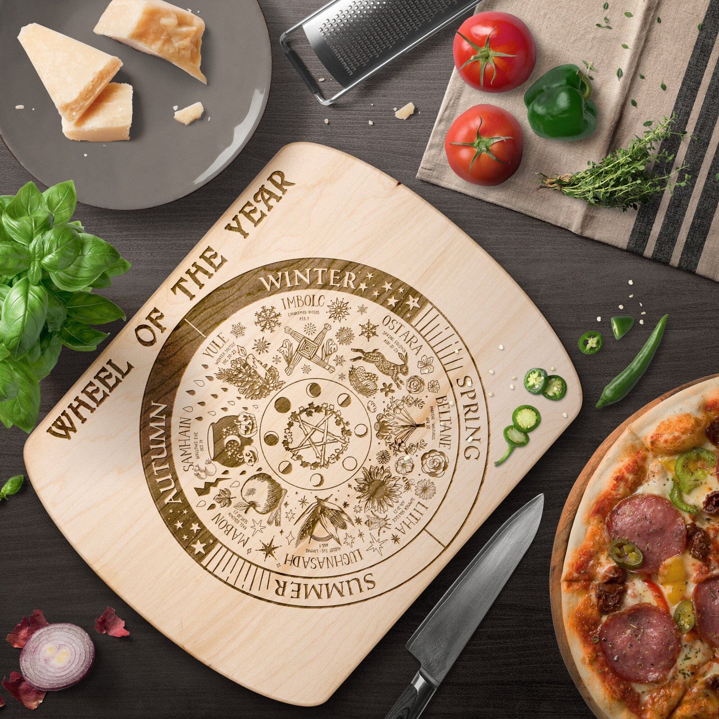 Wheel of the Year Round Edge Wood Cutting Board