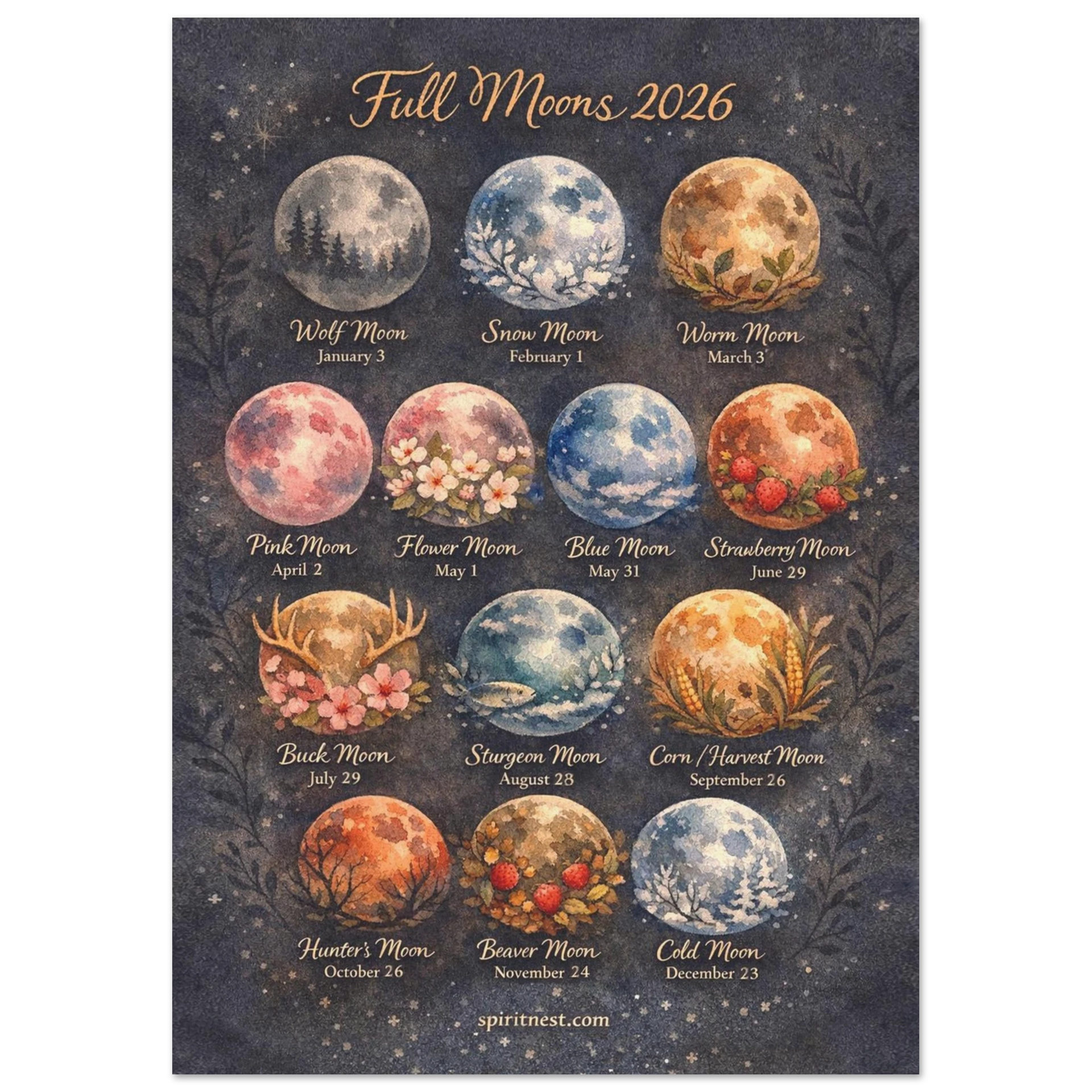 2026 Full Moons - Museum-Quality Matte Paper Poster – Spirit Nest