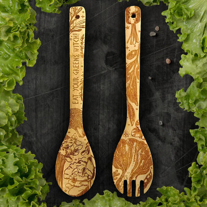 "Eat Your Greens, Witch" Engraved Bamboo Salad Server Set