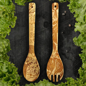 "Eat Your Greens, Witch" Engraved Eco-Friendly Utensils - Witchy Bamboo Salad Server Set