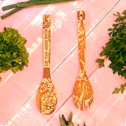 "Eat Your Greens, Witch" Engraved Bamboo Salad Server Set