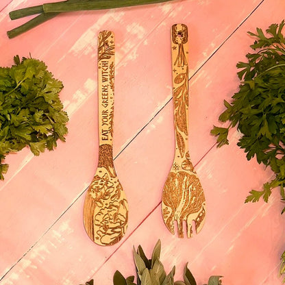 "Eat Your Greens, Witch" Engraved Bamboo Salad Server Set