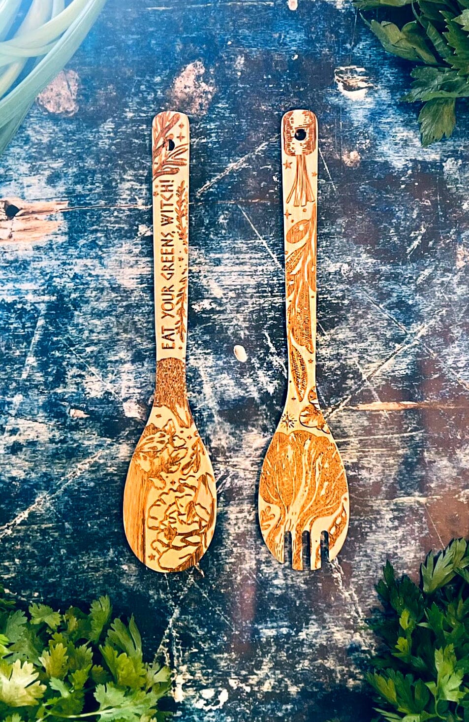 "Eat Your Greens, Witch" Engraved Bamboo Salad Server Set