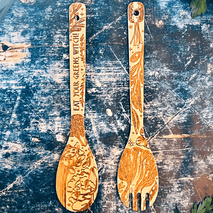 "Eat Your Greens, Witch" Engraved Bamboo Salad Server Set