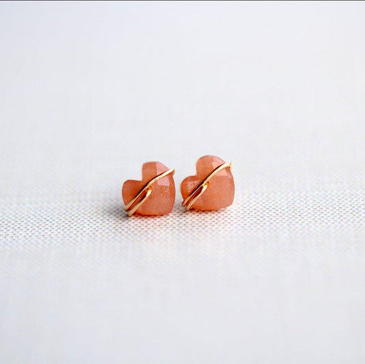 Heart Stud Earrings | Peach Moonstone Gemstone Studs