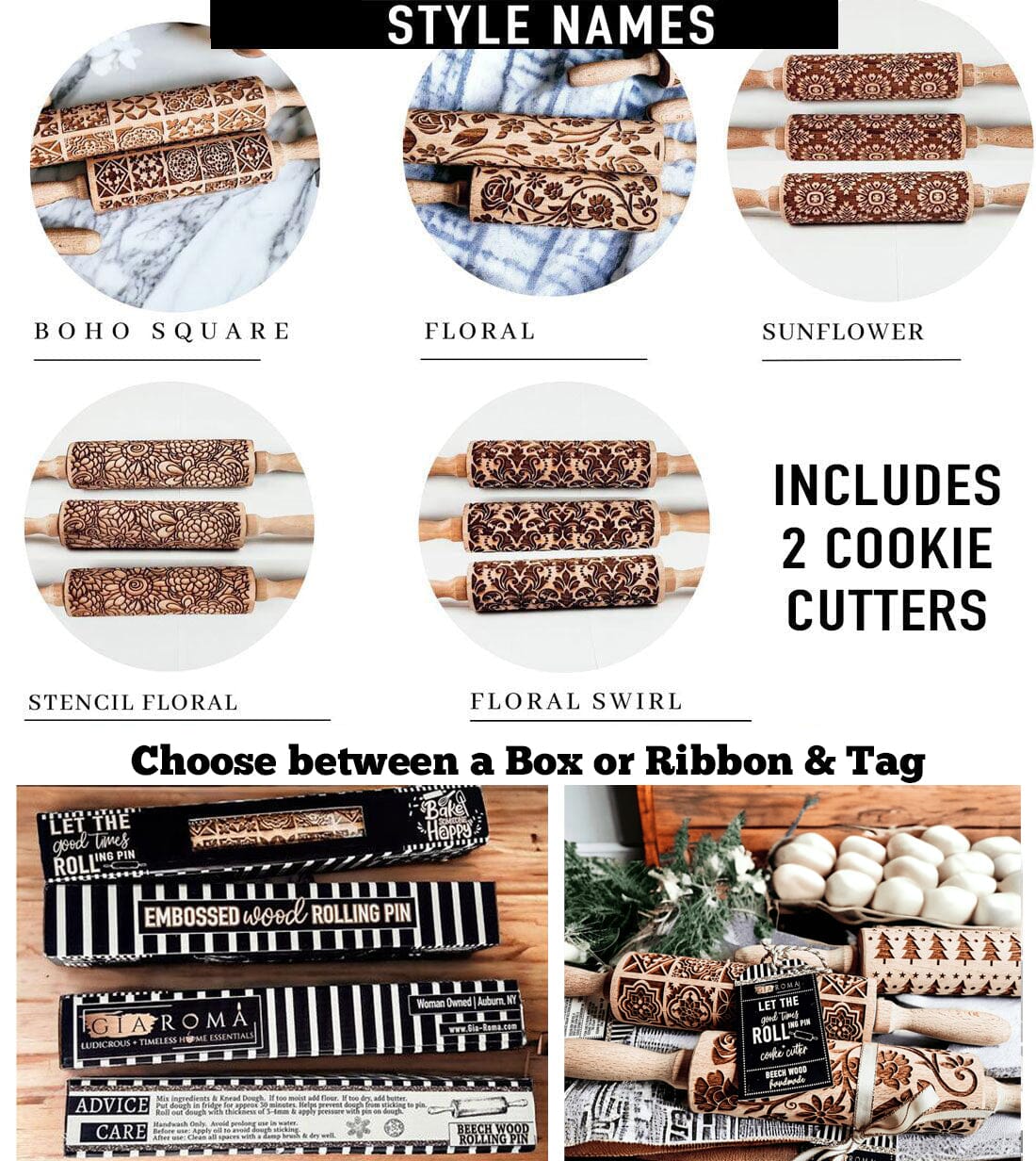 Rolling Pins - Box Style | Engraved Wooden Baking Roller