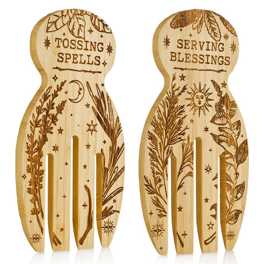 "Tossing Spells & Serving Blessings" - Engraved Bamboo Salad Serving Set.