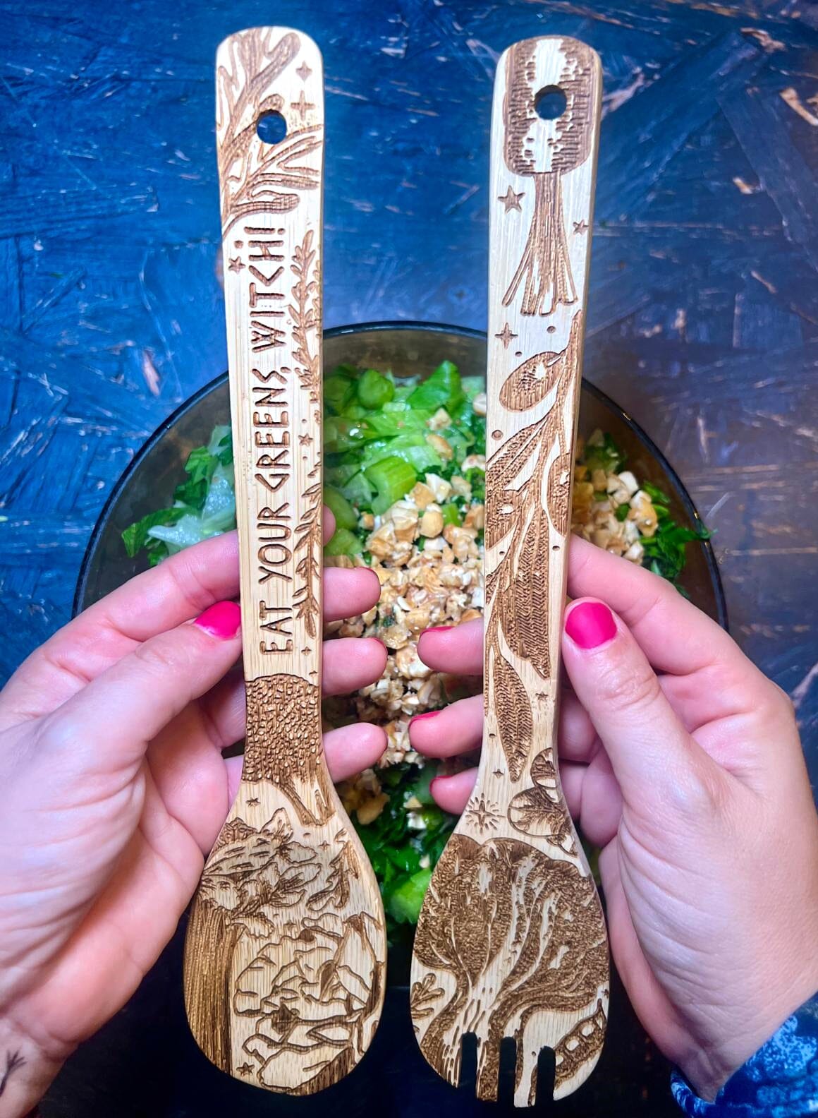 "Eat Your Greens, Witch" Engraved Bamboo Salad Server Set