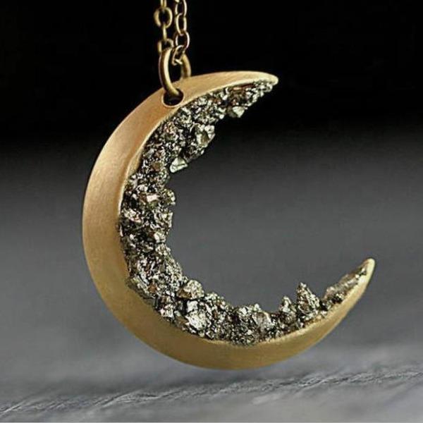 Crushed Crystal Decorated Crescent Moon Necklace