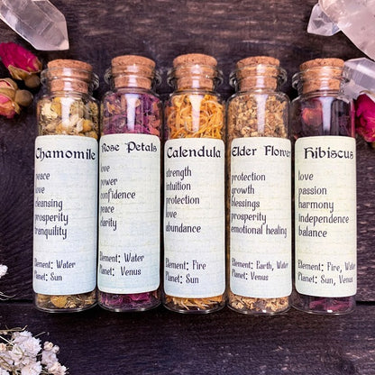 Set of 5 Flowers - Bottled Witchcraft, Magickal, Spell and Apothecary Dried Flowers for Ritual and Altar