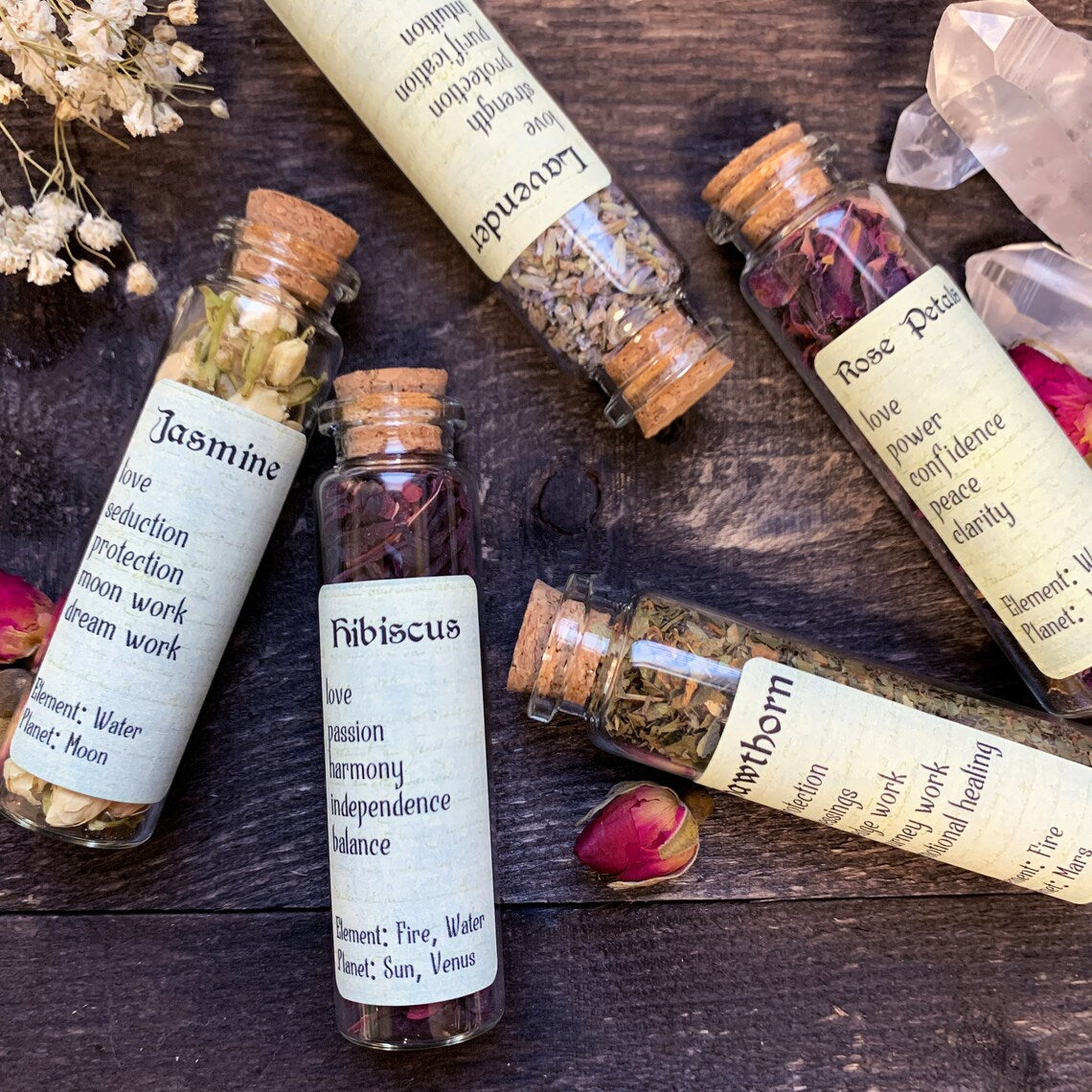 Set of 5 Love Herbs - Bottled Witchcraft, Magickal, Spell, Ritual and Apothecary Herbs