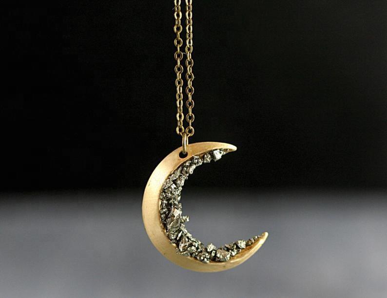 Crushed Crystal Decorated Crescent Moon Necklace - Spirit Nest