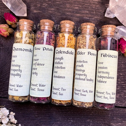 Set of 5 Flowers - Bottled Witchcraft, Magickal, Spell and Apothecary Dried Flowers for Ritual and Altar