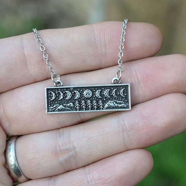 Pine Trees Under Moon Phases Bar Necklace