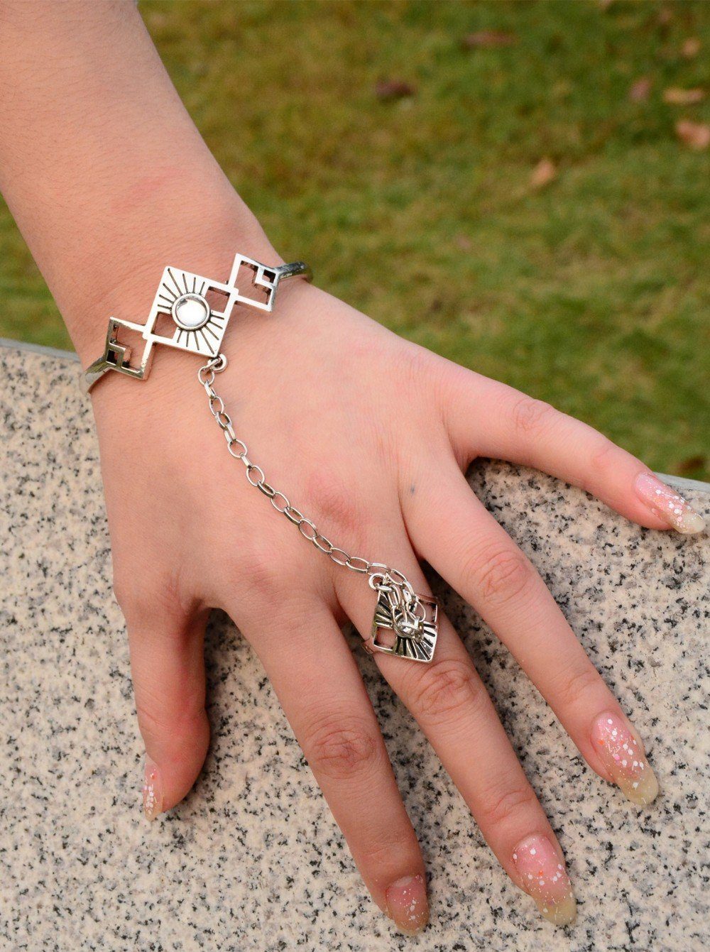 Bohemian geometric silver sunstone ring bracelet