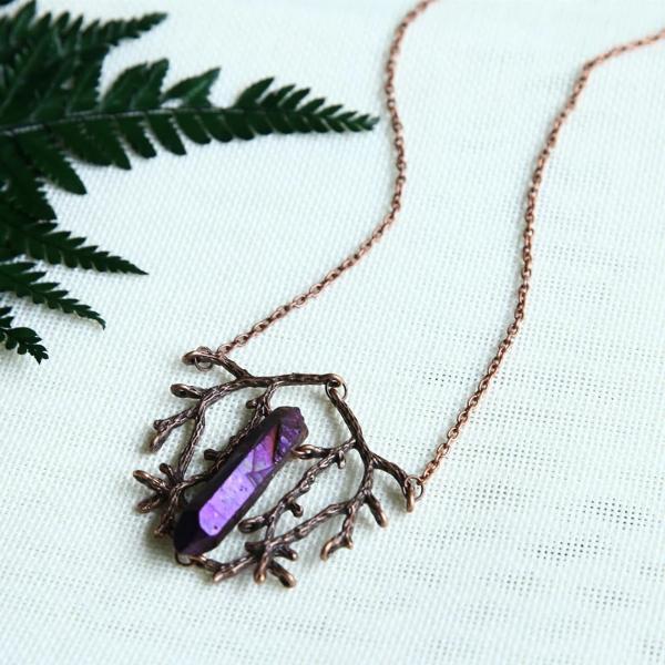 Wicca Amethyst Crystal Branch Pendant Necklace