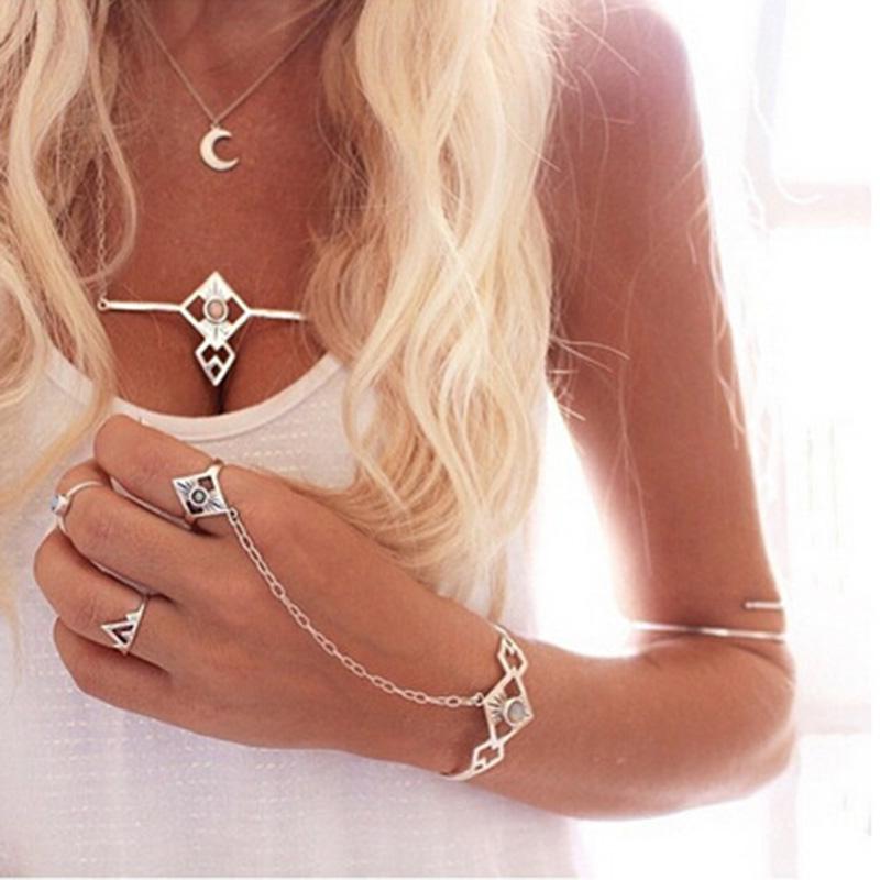 Bohemian geometric silver sunstone ring bracelet