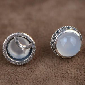 White chalcedony gemstone stud earrings - sterling silver.