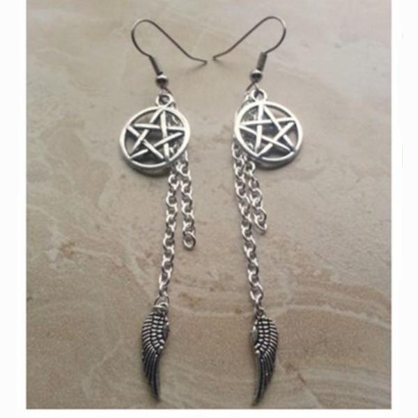 Pentagram and Angel Wing Charm Earrings